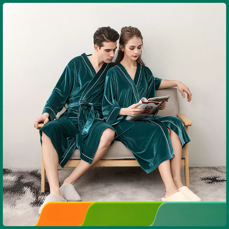 Sexy Long Gold Velvet All Seasons Cardigan Bathrobe Pajamas Sleepwear Bath Robe For Women & Men