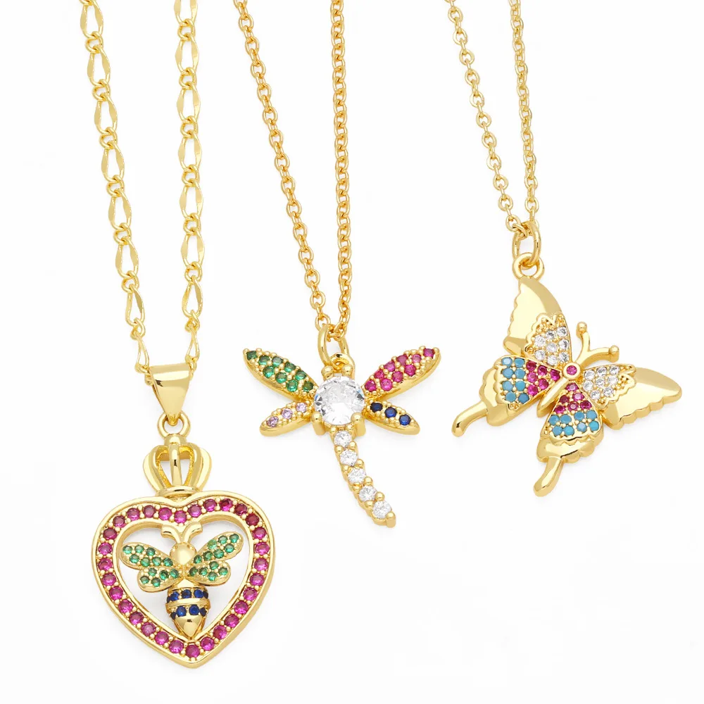 

V & YIDOU fashion personality micro-inlaid color zircon butterfly bee dragonfly pendant necklace clavicle chain NNK60