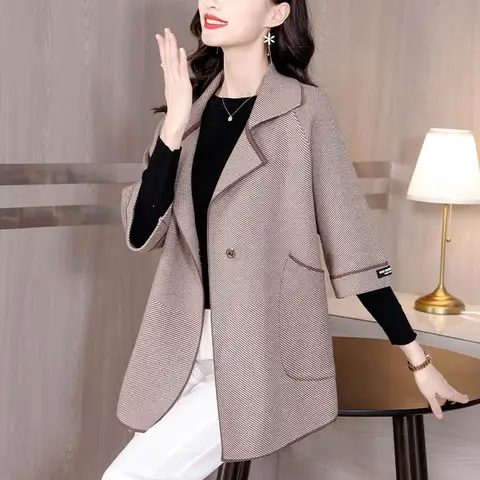 Модное шерстяное пальто для мам, Свободный кардиган в полоску, Всесезонная верхняя одежда на три четверти