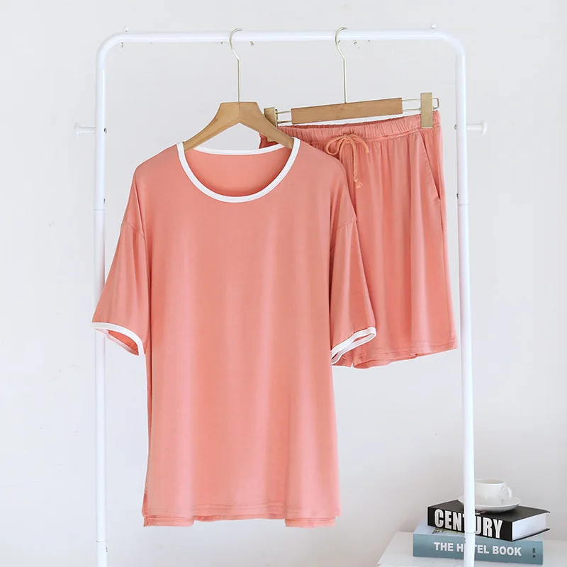 Contrasting Colors Modal HomeWear Women Summer Pullover Great Elasticity Thin Short Sleeve Shorts Loose Wear Out Bottoming Suit