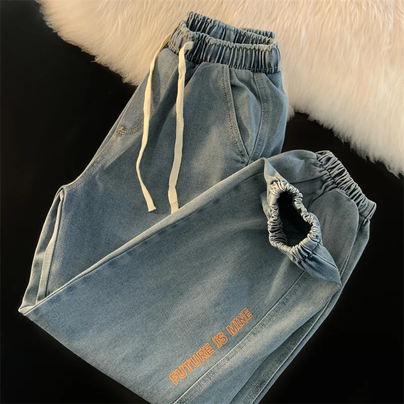 Elastic Waist Leggings Mens Jeans Loose Fitting Trendy Casual Retro Hong Kong Harlan Cropped Pants for Men