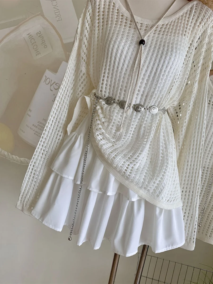 Нежный ажурный вязаный свитер с длинными рукавами комплект из двух предметов