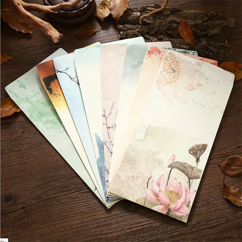 

6pcs/set Chinese Style Paper Envelope Letter Paper Set Ink Painting Lotus Flowers Envelopes Home Postcard Invitation Papers