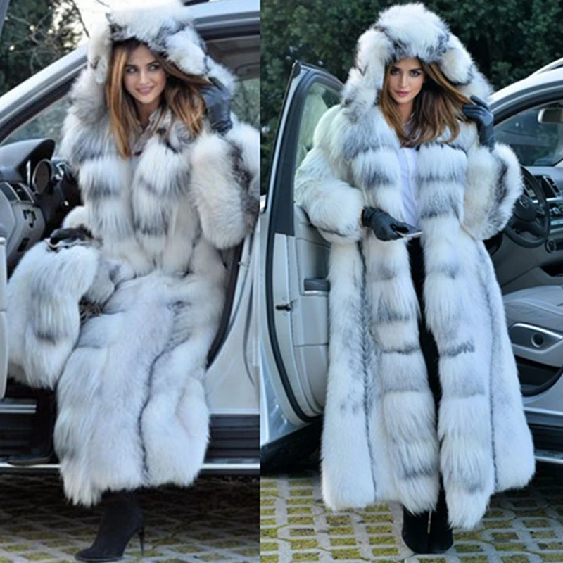 Women Faux Fur Coat Winterf Fashion Warm X-Long Plus Size Coats Solid Hooded Loose Open Stitch Clothing