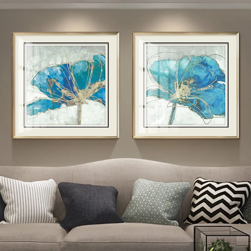 

American Modern Living Room Decoration Painting Light Luxury Bedroom Bedside Mural Dining Entrance Blue Flower