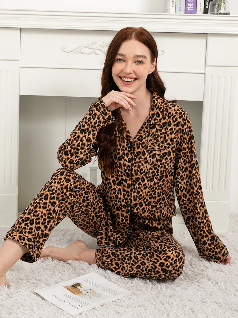 Plus Size S-3XL Leopard Print Women's Home Clothes 2 Piece Sets Loose Long Sleeve Pajamas Female Casual 100% Viscose Sleepwear