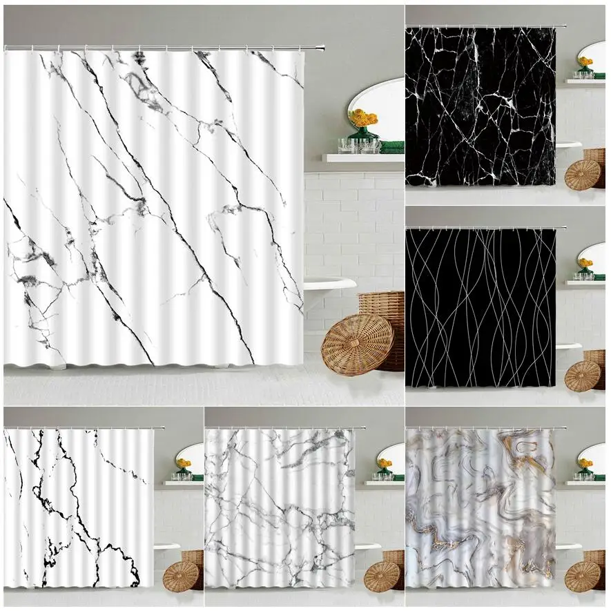 Marble Striped Shower Curtain White Gray Gold Black Simple Design Bathroom Accessories Decorative Waterproof Screen With Hook