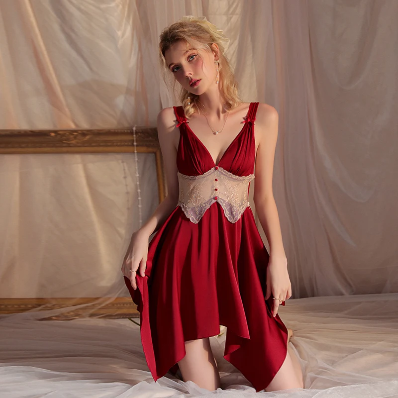 

Женская Сексуальная кружевная ночная рубашка, Элегантная Шелковая ночная рубашка, французское нижнее белье, одежда для сна с красивой спинкой, женский халат