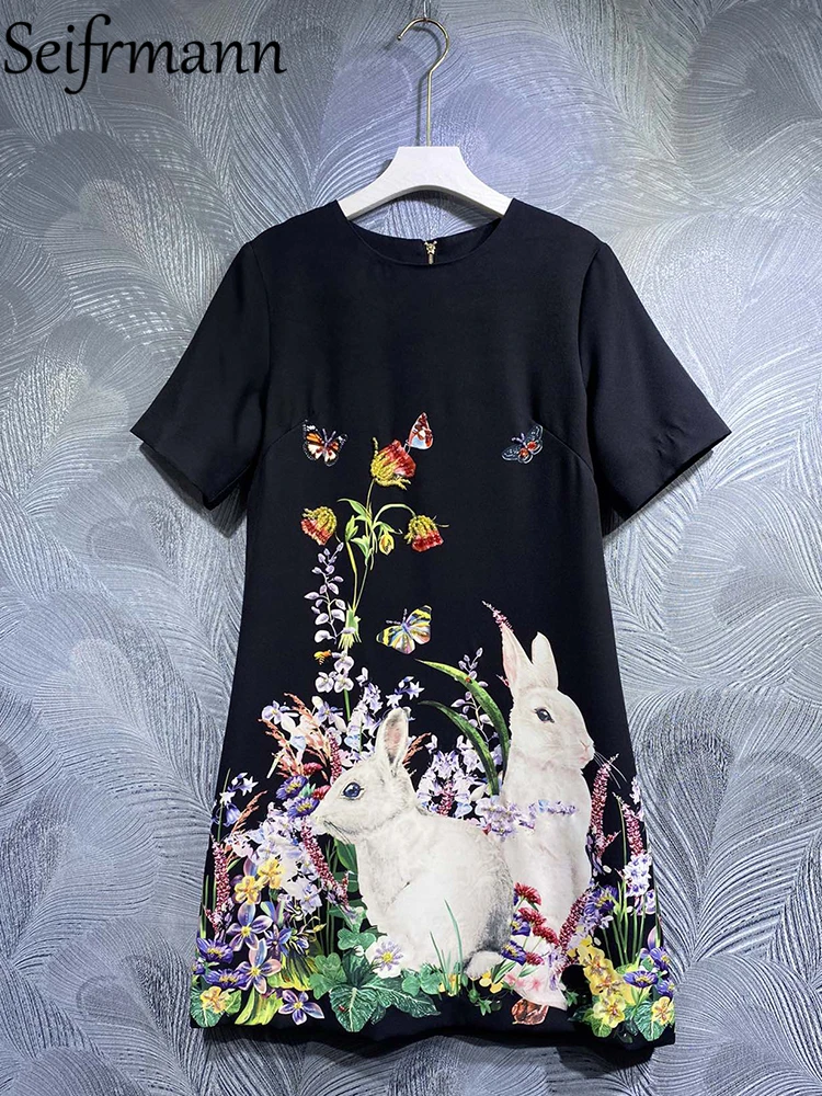 Seifrmann High Quality Summer Women Fashion Runway Mini Dress Crystal Beading Floral Printed Ladies Party Short Sleeve Dresses