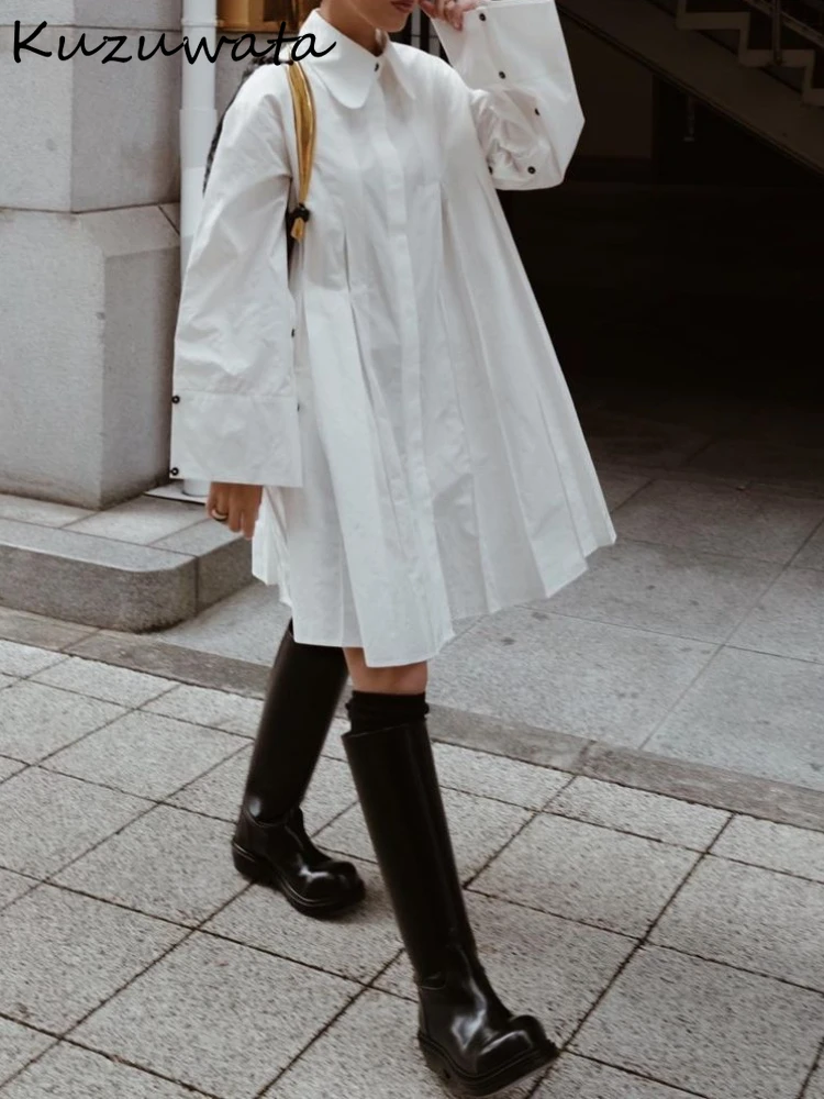 Простое однотонное платье-трапеция Kuzuwata с отложным воротником свободное