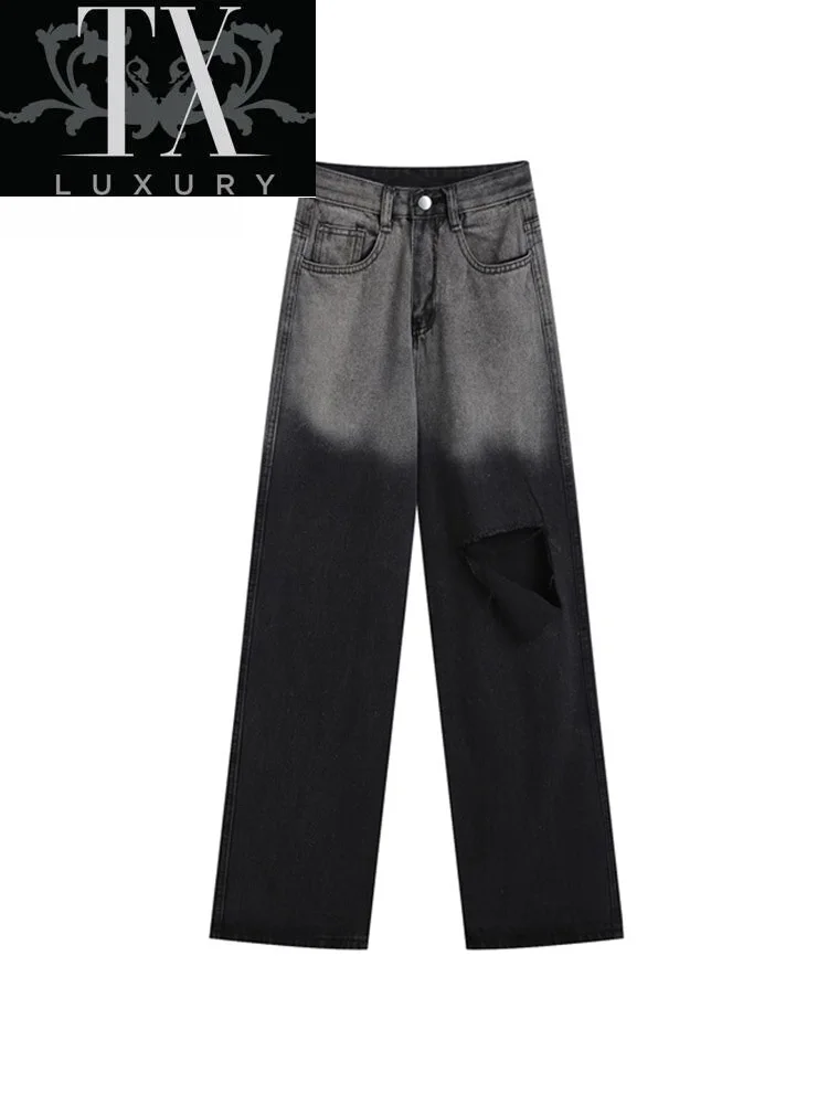 

Gradient Jeans Autumn Women Clothing Fashion Wide Leg Straight Denim Trousers Streetwear Chic High Waist Pants Femme