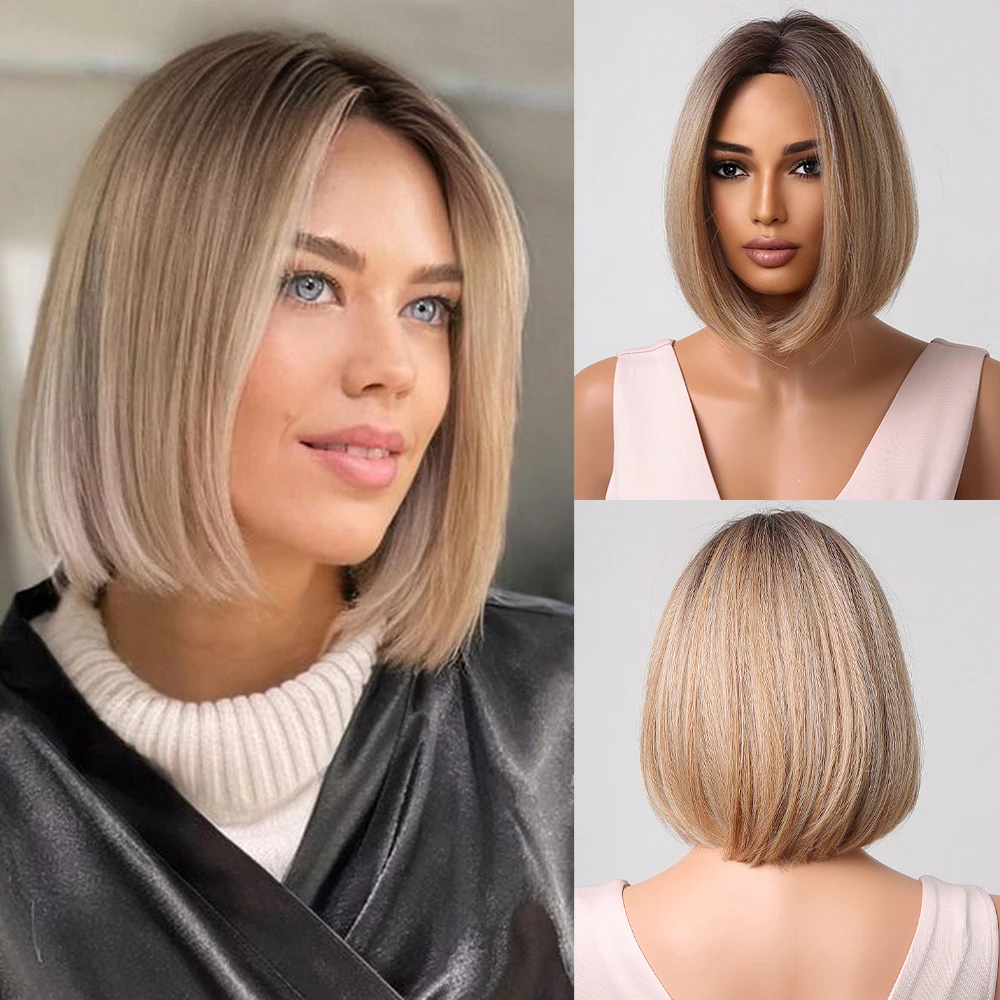 

Blonde Ombre Bob Synthetic Wigs Short Straight Middle Part Heat Resistant Natural Hair Wigs for Black Women Cosplay Party Wig