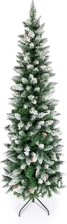 

Artificial Pencil Christmas Tree,Snow Flocked Trees with Pine Cone Decoration Unlit 7.5FT