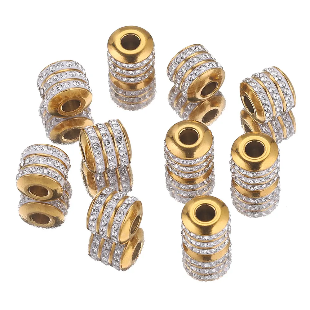 

5pcs 8mm Hole 3mm Bead Stainless Steel 3 Rows Rhinestones Round Tube Charm Beads Gold Crystal for Jewelry Making Diy Material