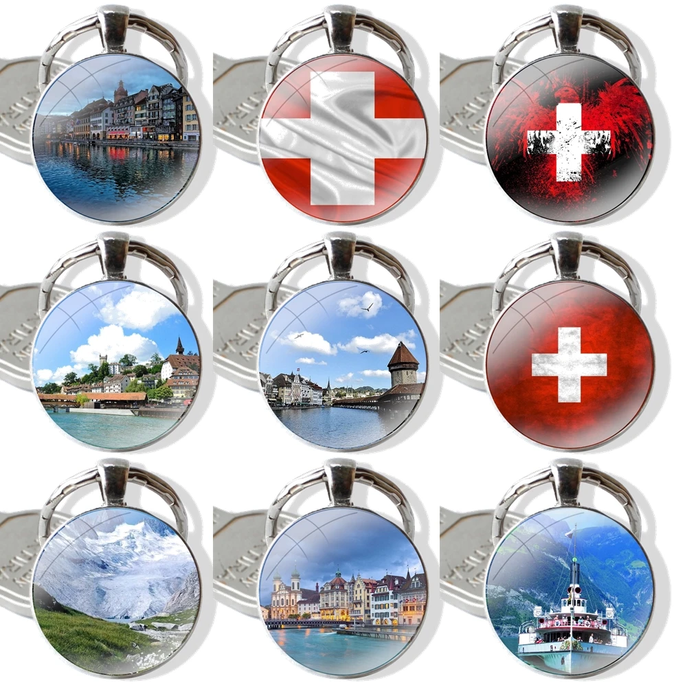 Люцерна озеро и флаг стеклянный кабошон брелок подвеска автомобильные брелки ручной работы модный дизайн мультяшный креативный