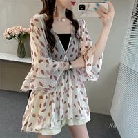 womens large size chiffon shirt 2022 new summer v neck mid length printed top ladies ruffled bell sleeve doll blouses
