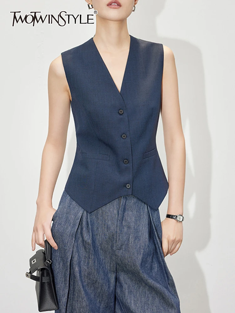 

TWOTWINSTYLE Printing Waistcoat For Women V Neck Sleeveless Off Shoulder Spliced Single Breasted Waistcoats Female Fashion Style