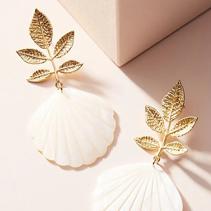 

2023 New Leaf Shell Metal Earrings for Women Fashion Exaggerate Creative Dangle Earrings Girls Personality Luxury Earrings