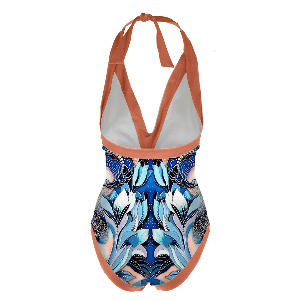 Colorblock Print Fashion Swimsuit Female V-Neck Sexy Gathered Bikini One Piece Slim Fit Elegant Halter Beachwear Strap Cover Up
