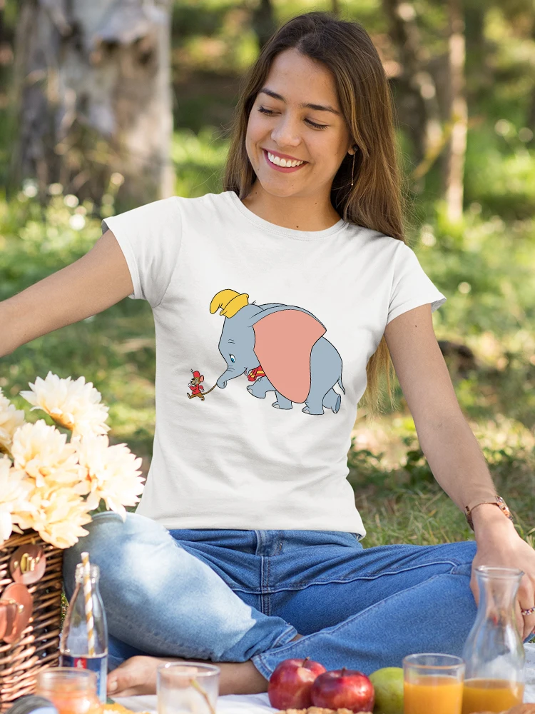 

Disney Dumbo Elephant Print Cartoon Women T-shirt Fashion Young Casual Summer 2022 New Clothes White Cute T Shirt For Girls