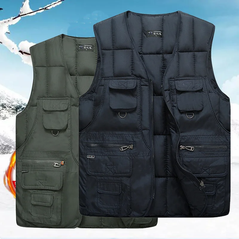 

Autumn Winter Men's Warm Thick Multi-pockets Vest Male Outdoor Riding Fishing Hiking Camping Windproof Sleeveless Waistcoat 4XL