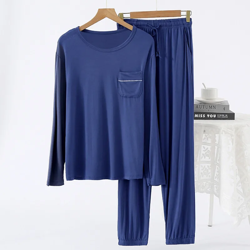 

L-4xl Men Casual Pajamas Set Round Neck Home Clothes Long Sleeved Trousers Suit Spring Autumn Male Sleepwear Loungewear Pijama