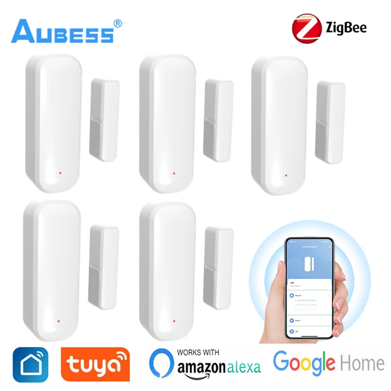 Датчик двери Aubess Tuya, смарт-датчик Wi-Fi Zigbee для окон, детектор сигнализации, независимый Магнитный сенсор, работает с Alexa Google Home