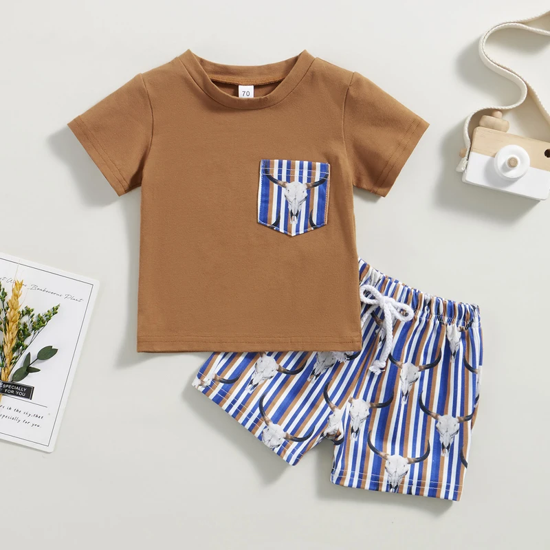 

2023-03-30 Lioraitiin 0-3Years Baby Boys 2Pcs Casual Outfit Summer Short Sleeve T-shirt Pocket and Bull Head Stripe Print Shorts