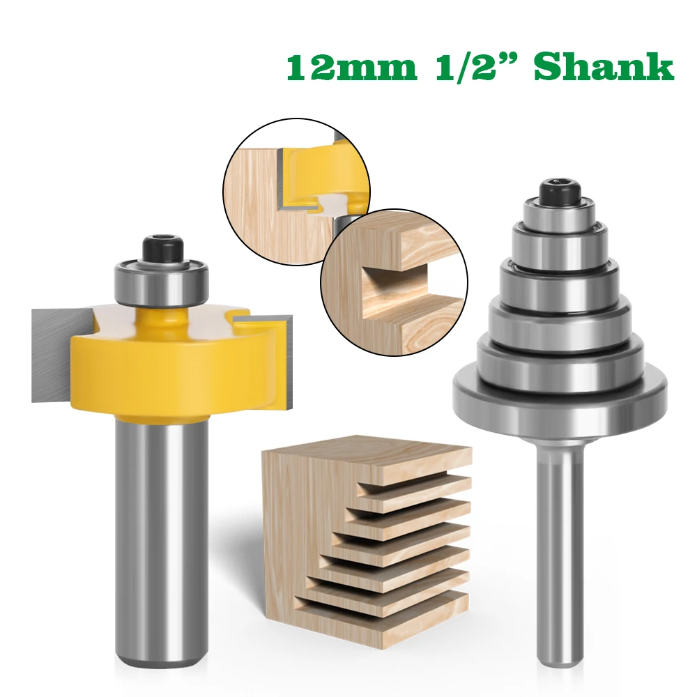 

2PC 12mm 1/2 Shank Rabbet T Type Router Bit with 6 Adjustable Bearings Rabbeting Tenon Milling Cutter for Wood Woodworking Tools