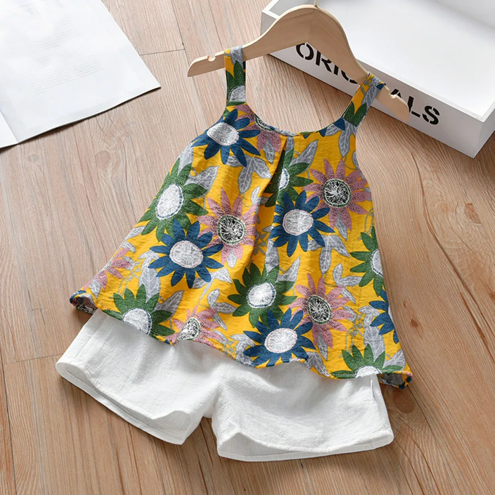 

Keelorn/2022 г. Новые модные комплекты одежды для маленьких девочек Летний жилет с цветочным принтом Футболка, белые шорты детские костюмы из 2 пр...