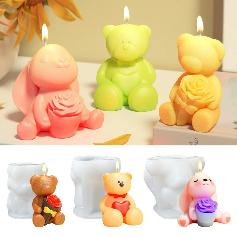 Фото DIY мультфильм роза любовь медведь свеча силиконовая форма 3D роза кролик ароматерапия мыло пластырь формы из смолы шоколадные инструменты для выпечки льда №1