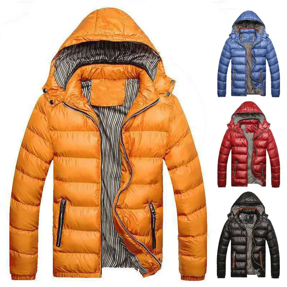 Autumn Winter Men Jacket Cotton Padded Zipper Hooded Thicken  Warm Pockets Overcoat Hoodie for Daily Wear