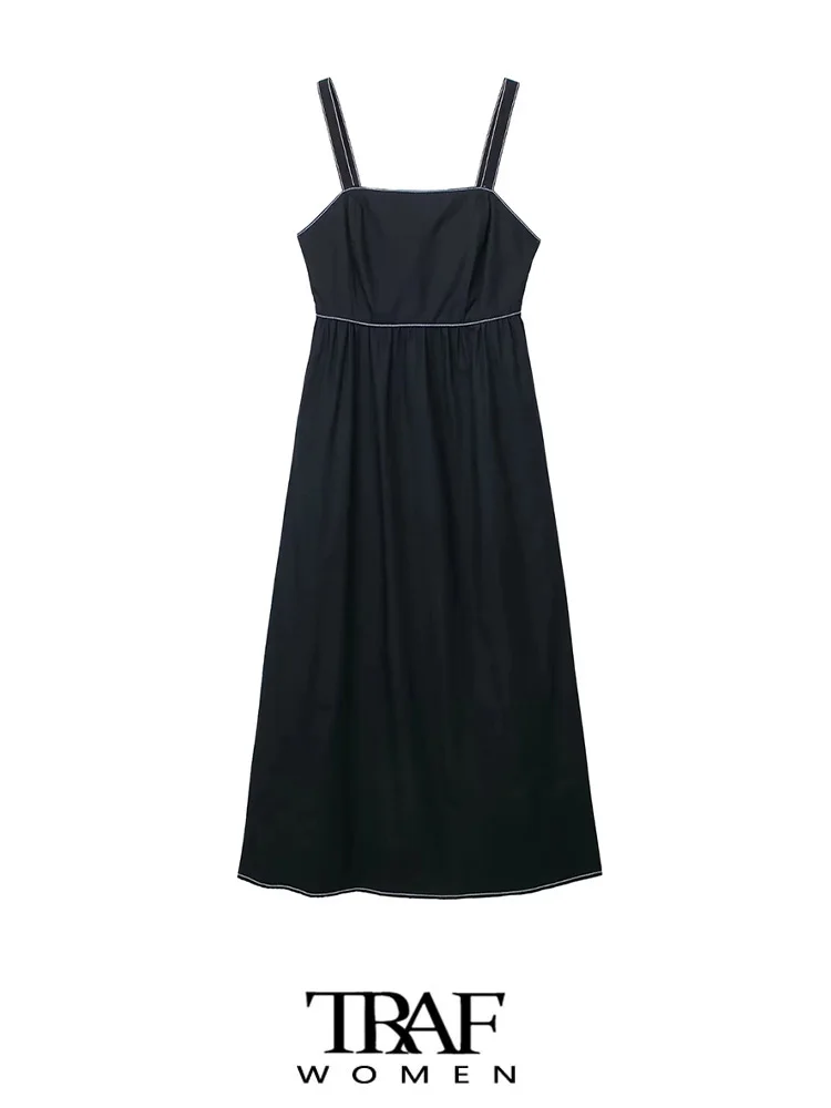 

TRAF Women Fashion Contrast Topstitching Midi Dress Sexy Backless With Bow Tied Wide Straps Female Dresses Vestidos Mujer