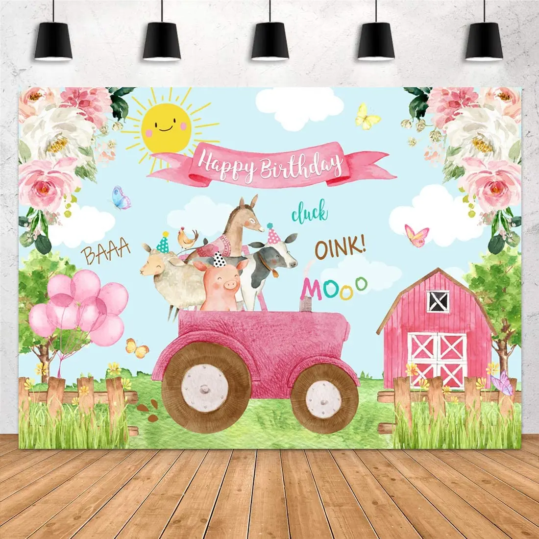 

Cartoon Farm Animals Happy Birthday Photography Backdrop Pink Flowers Floral Barn Girls Children Background Party Banner Decor