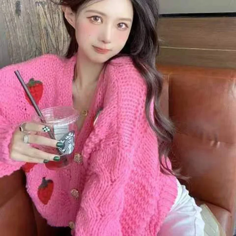 Женский однобортный Кардиган с клубничным принтом Свободный теплый кардиган