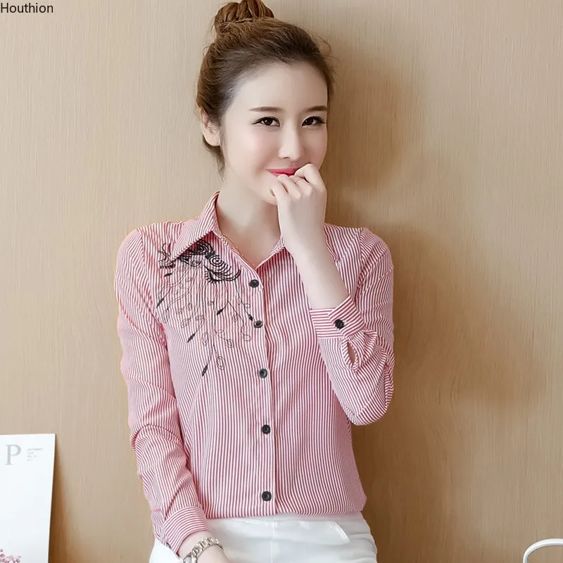 

Блузка женская шифоновая в полоску, Свободный Топ в Корейском стиле, рубашка-поло, модная одежда с длинным рукавом, на лето
