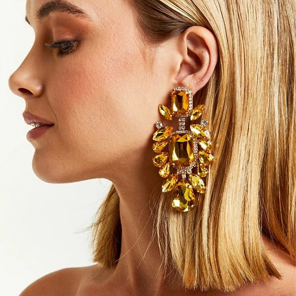 

Stonefans Yellow Rhinestone Dangle Earrings Luxury Crystal Drop Stud for Women 2023 Drag Accessories Statement Earrings Jewelry