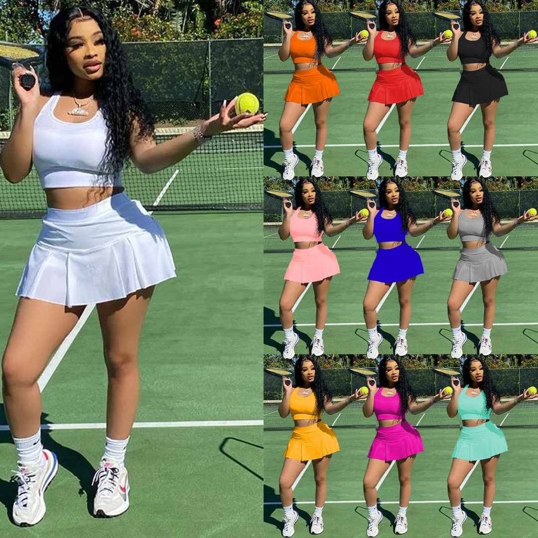 European and American women's fashion casual sexy solid color nightclub style slim fit sports vest skirt pants two-piece set