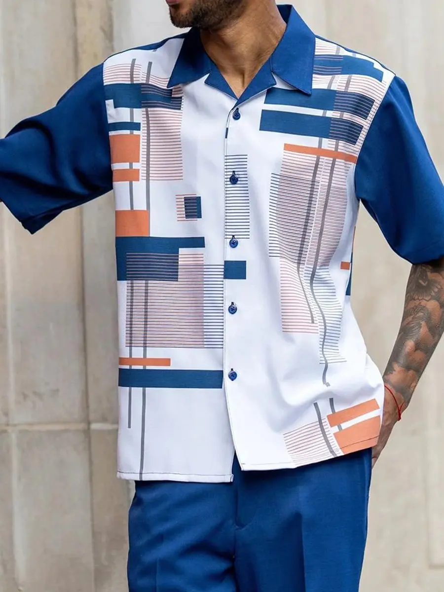 Men's Casual Two-Piece Cuban Collar Printed Short Sleeve Walking Suit  Pants Contrast Color Button 2022 Casual Suit