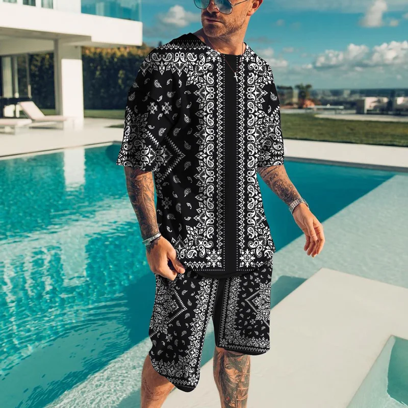 2023 Summer New Men's Casual Beach Short Sleeve Suit Fashion Street Wear O Collar T-shirt + Shorts Two Piece Tracksuit For Man