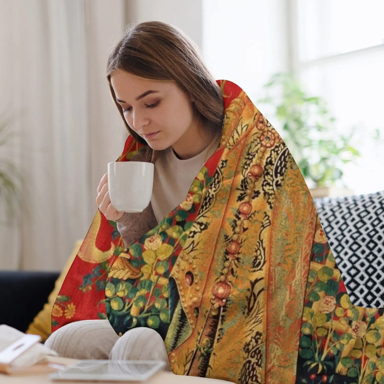 LADY AND UNICORN Taste Detail красные зеленые фэнтезийные цветы одеяло с животными для дивана