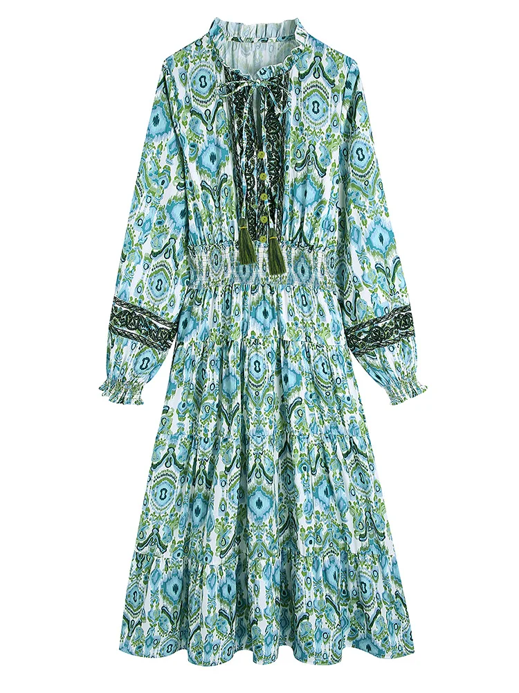 

Boho Dresses For Women 2022 V Neck Tie Frill Trim Vintage Print Bohemian Dress Smocked Elastic Waist Long Sleeve Midi Dress