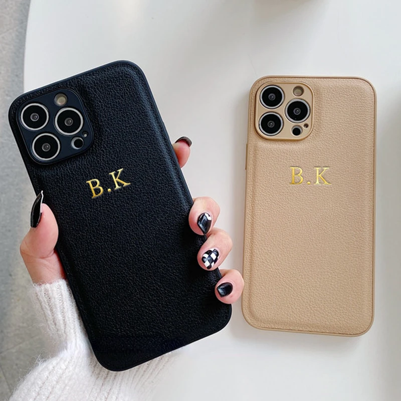 

New Fashion For iPhone 13 12 11 Pro X XS Max XR 7 8 Plus Luxury Plain Back Cover Personalise Name Letters Leather PU Soft Phone