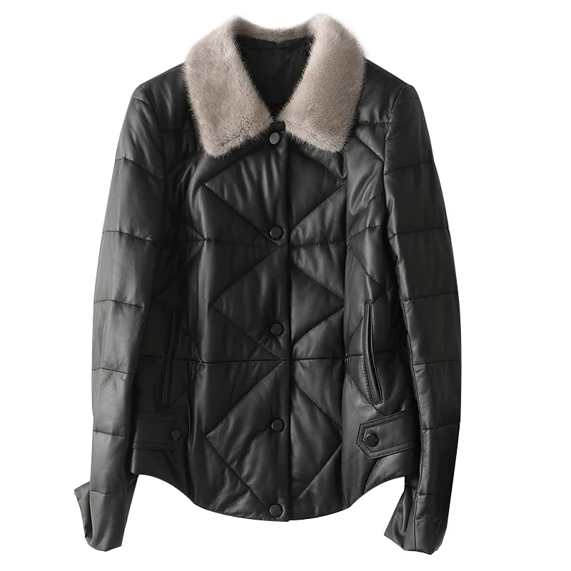 Winter New High Quality Natural Leather Coat Women Short Slim Fashion Mink Fur Collar PU Jacket Female Double-faced