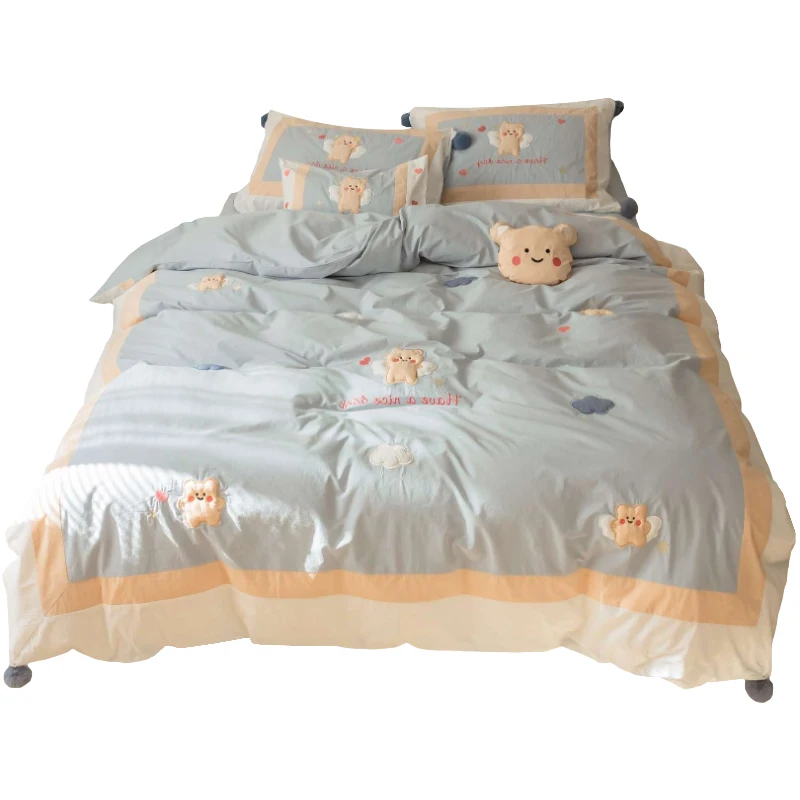 

Cartoon Cute Affixed Cloth Embroidered Washed Four Pieces Pure All Cotton 100 Bear Quilt Cover Bed Sheet