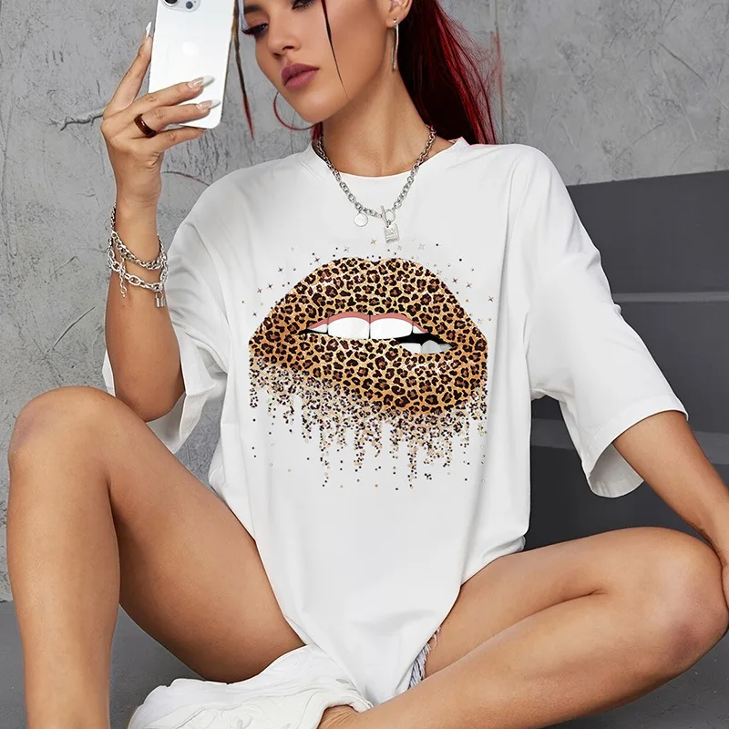 

YRYT New T-shirt female sense Womens Cool Lips Bite Kiss Me Leopard Print Cheetah T-Shirt