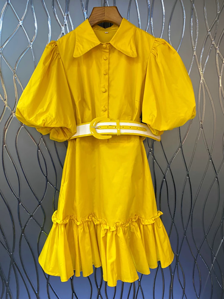 

Delocah High Quality Summer Women Fashion Runway Party Mini Dress Lantern Sleeve With Belt Single Breasted Yellow Ruffle Dresses