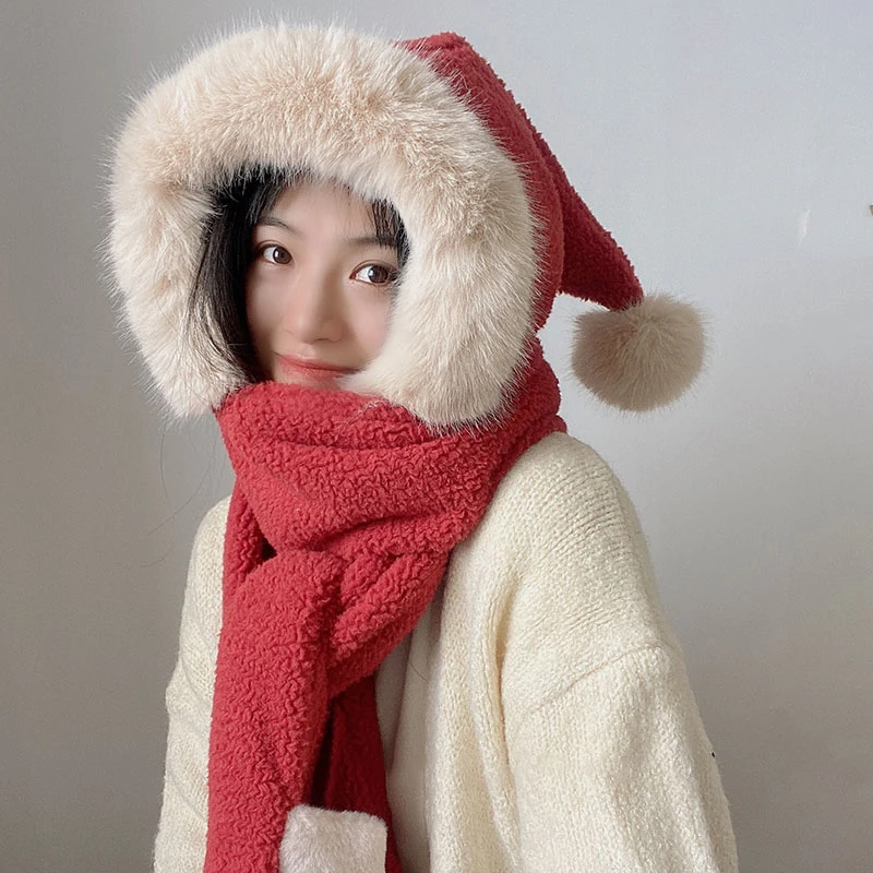 

New 2021 Red Christmas Three-Piece Hat Scarf Gloves Winter Cold Warm Thickening Cute Riding Ear Protection Lei Feng Hat