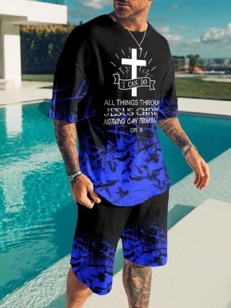 Summer Outfit Men Casual Tracksuit Short Sleeve T-Shirts Suit 2 Piece Retro Set Luxury Oversized Streetwear Harajuku Clothing