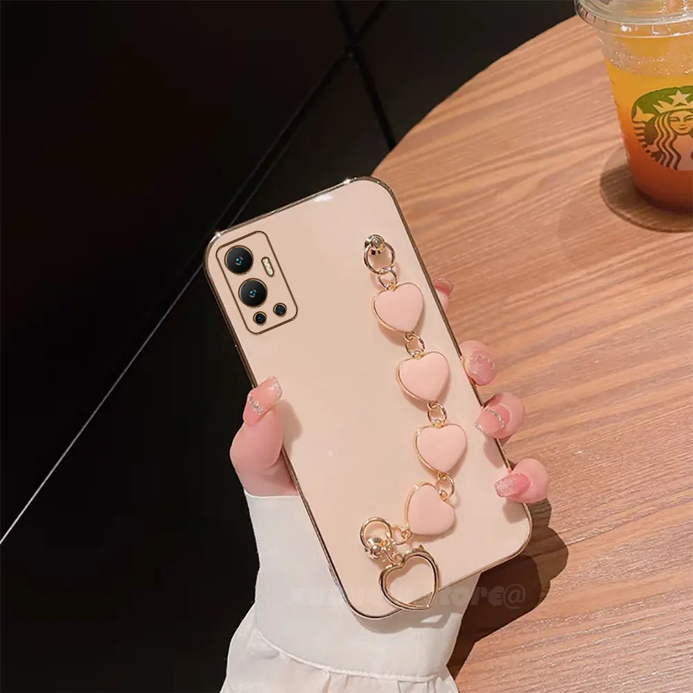 Фото sterowany różowy łańcuszek z paskiem na nadgarstek etui na telefon dla Infinix Hot 12 X6817 X6817B Hot12 miękka silikonowa tylna obudowa z TPU №4